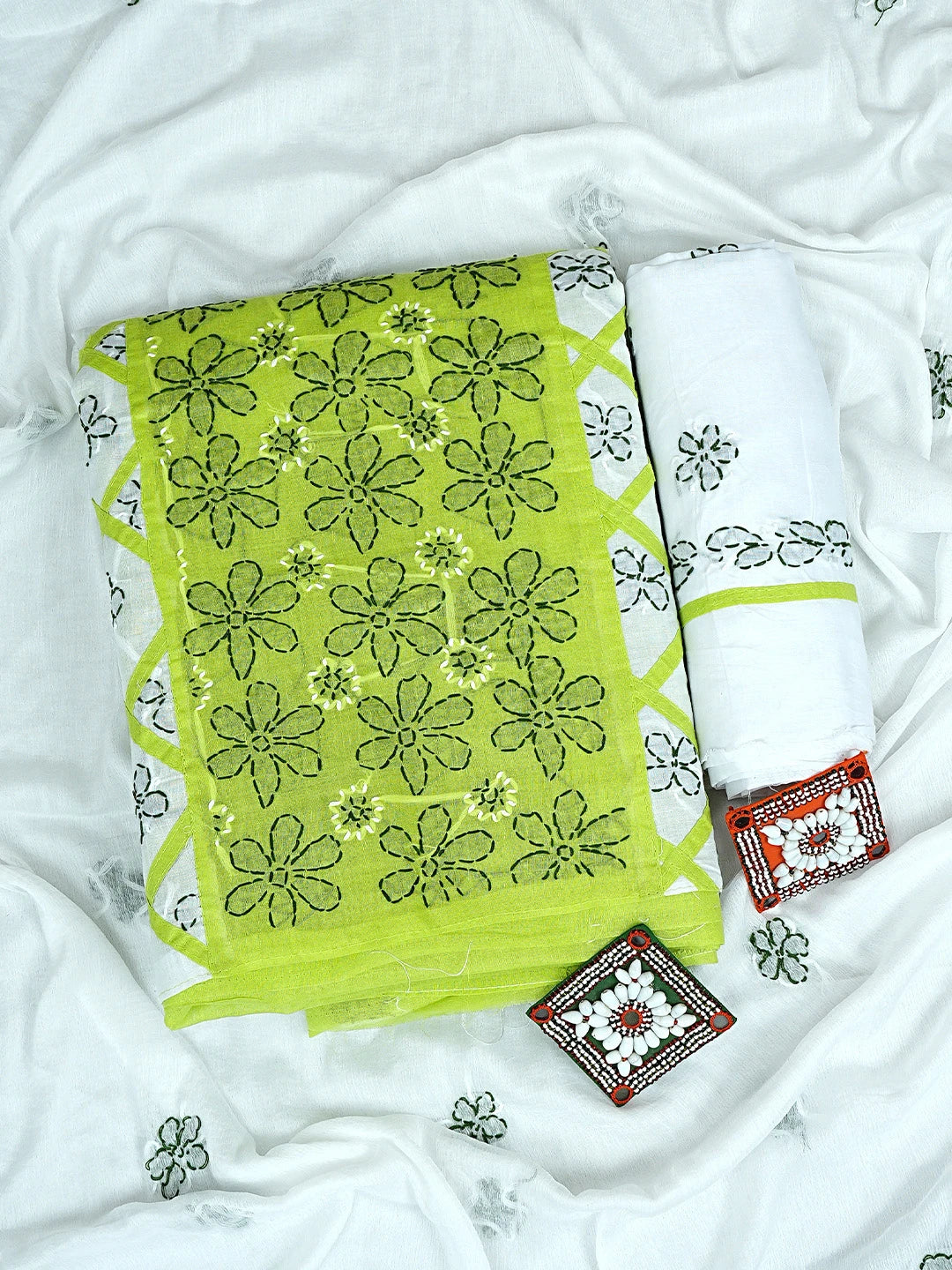 Ada Hand Embroidered Parrot Green And White Cotton Lucknowi Chikankari Unstitched Suit Piece 01A853000