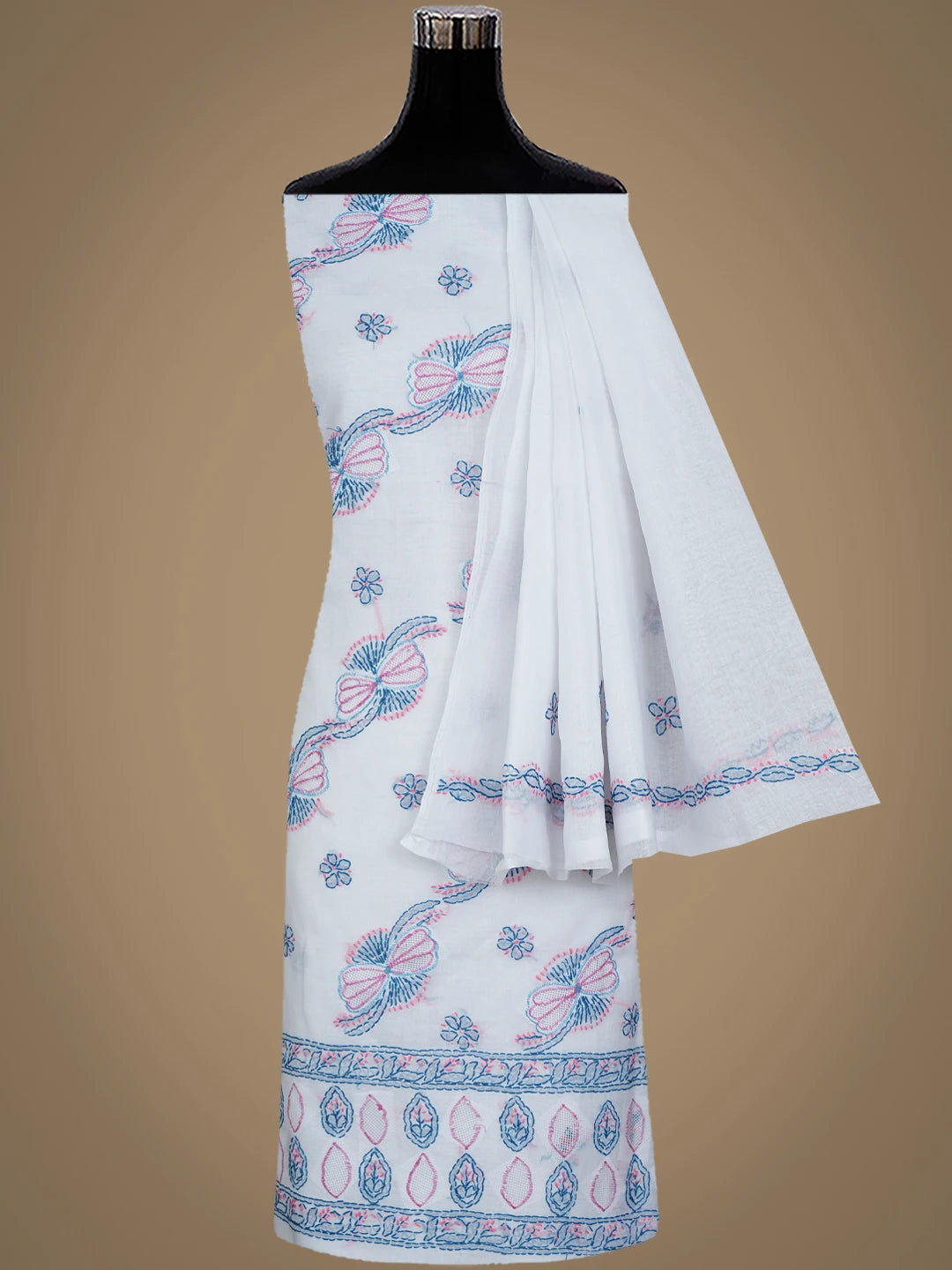 Ada Hand Embroidered White Cotton Lucknowi Chikankari Unstitched Suit Piece 01A853532