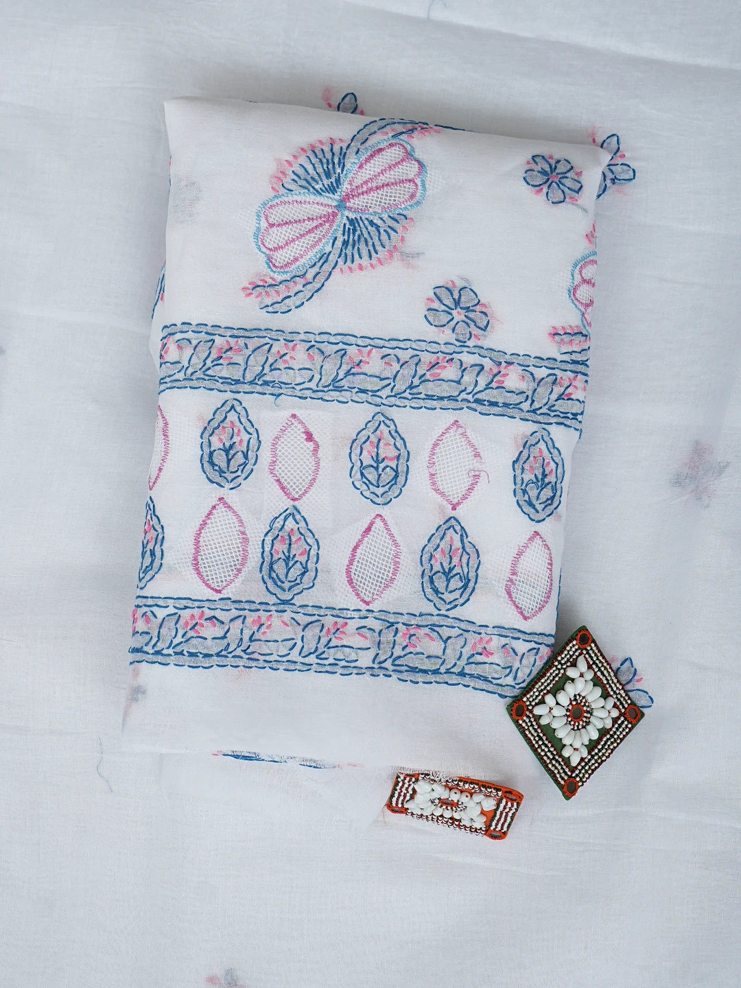 Ada Hand Embroidered White Cotton Lucknowi Chikankari Unstitched Suit Piece 01A853532