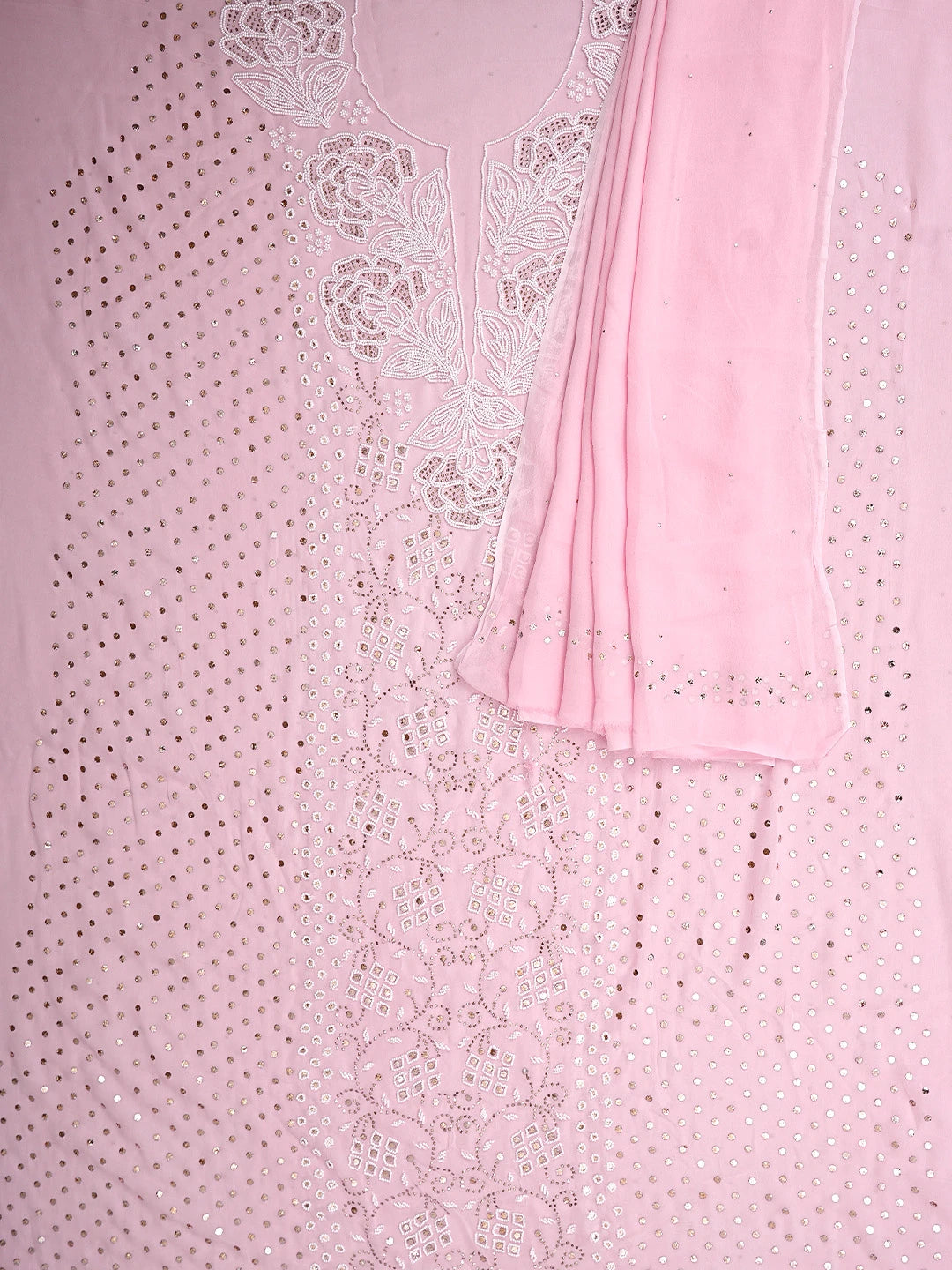 Ada Hand Embroidered Baby Pink  Viscose Georgette Lucknowi Chikankari Unstitched Kurta Dupatta Set With Muqaish/Mukaish Work 01A911279