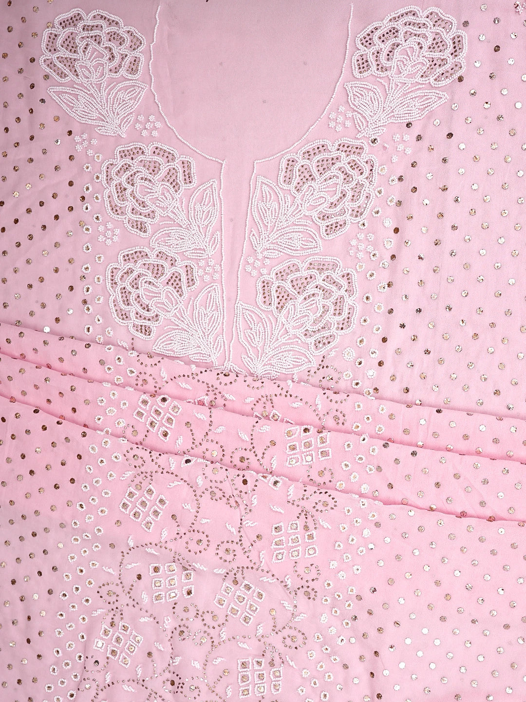 Ada Hand Embroidered Baby Pink  Viscose Georgette Lucknowi Chikankari Unstitched Kurta Dupatta Set With Muqaish/Mukaish Work 01A911279