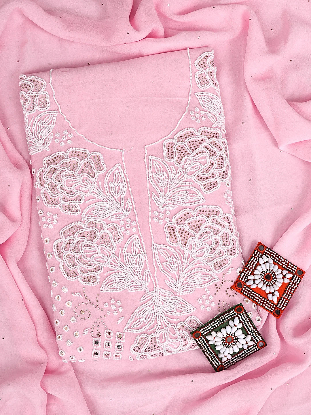 Ada Hand Embroidered Baby Pink  Viscose Georgette Lucknowi Chikankari Unstitched Kurta Dupatta Set With Muqaish/Mukaish Work 01A911279