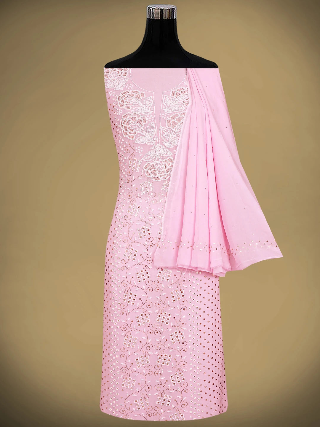 Ada Hand Embroidered Baby Pink  Viscose Georgette Lucknowi Chikankari Unstitched Kurta Dupatta Set With Muqaish/Mukaish Work 01A911279