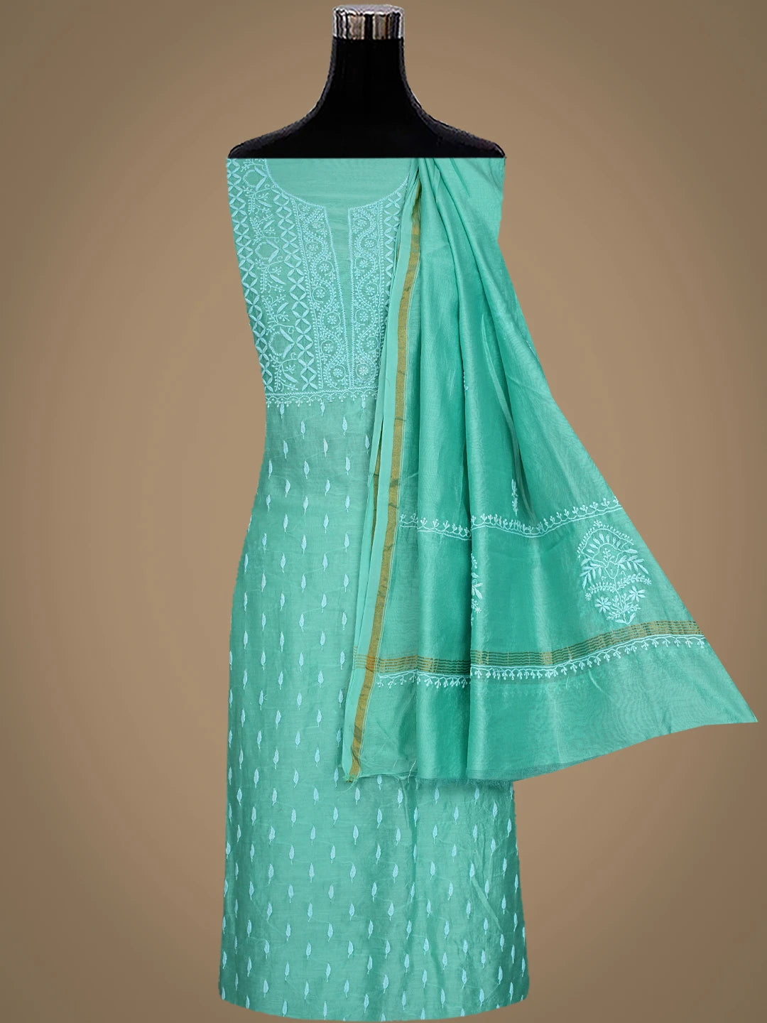 Ada Hand Embroidered Sea Green Chanderi Lucknowi Chikankari Unstitched Kurta Dupatta Set 01A816628