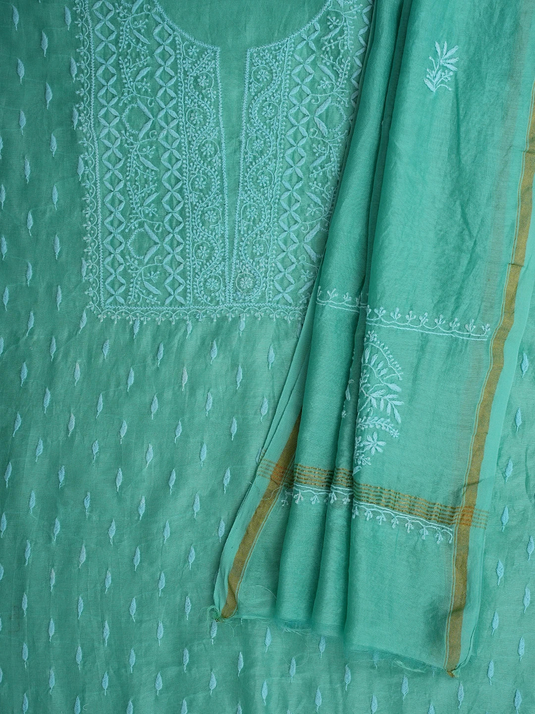 Ada Hand Embroidered Sea Green Chanderi Lucknowi Chikankari Unstitched Kurta Dupatta Set 01A816628
