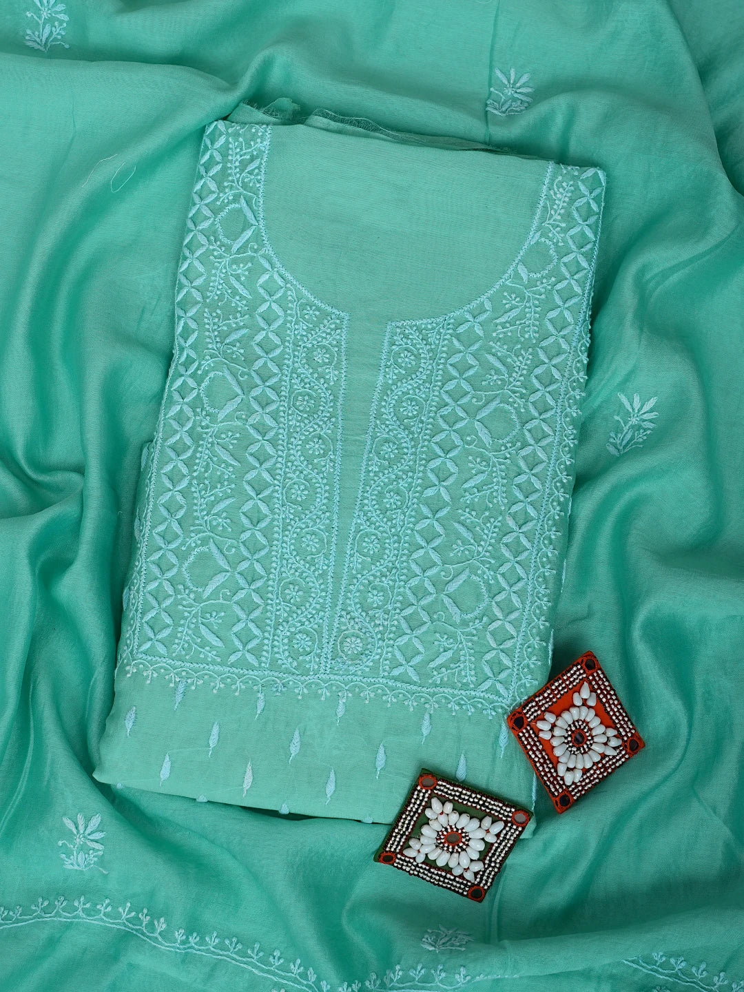 Ada Hand Embroidered Sea Green Chanderi Lucknowi Chikankari Unstitched Kurta Dupatta Set 01A816628