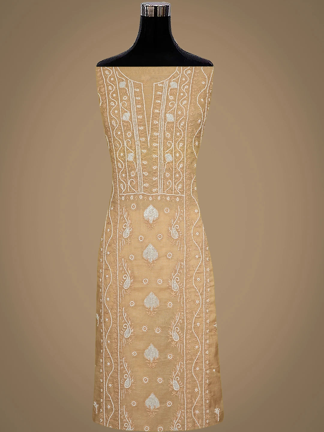 Ada Hand Embroidered Brown Chanderi Lucknowi Chikankari Unstitched Kurta Dupatta Set With Pearl Work 01A911495