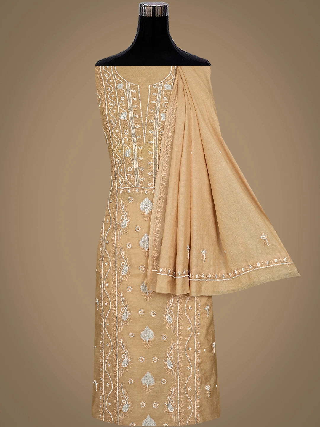 Ada Hand Embroidered Brown Chanderi Lucknowi Chikankari Unstitched Kurta Dupatta Set With Pearl Work 01A911495