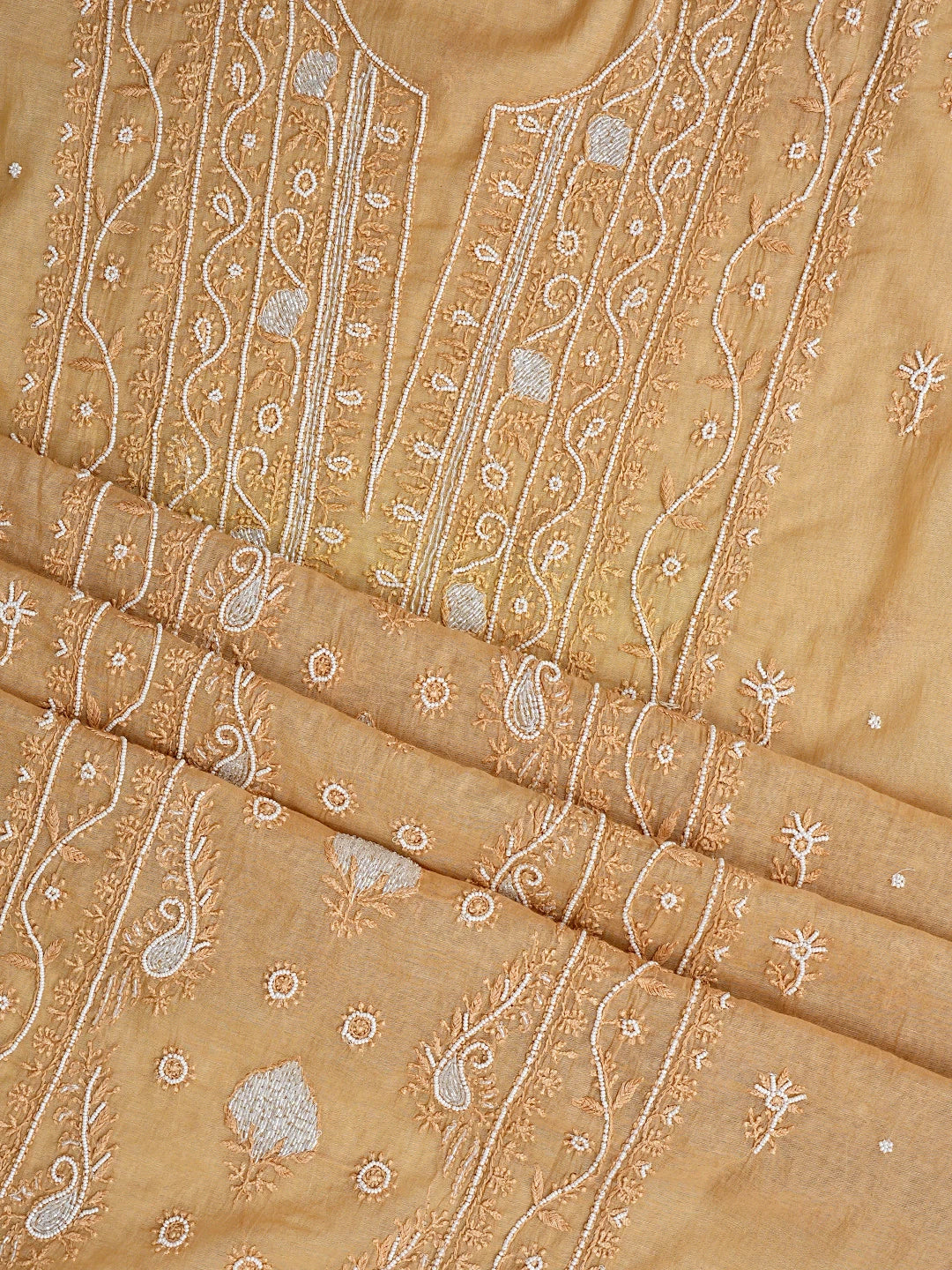 Ada Hand Embroidered Brown Chanderi Lucknowi Chikankari Unstitched Kurta Dupatta Set With Pearl Work 01A911495