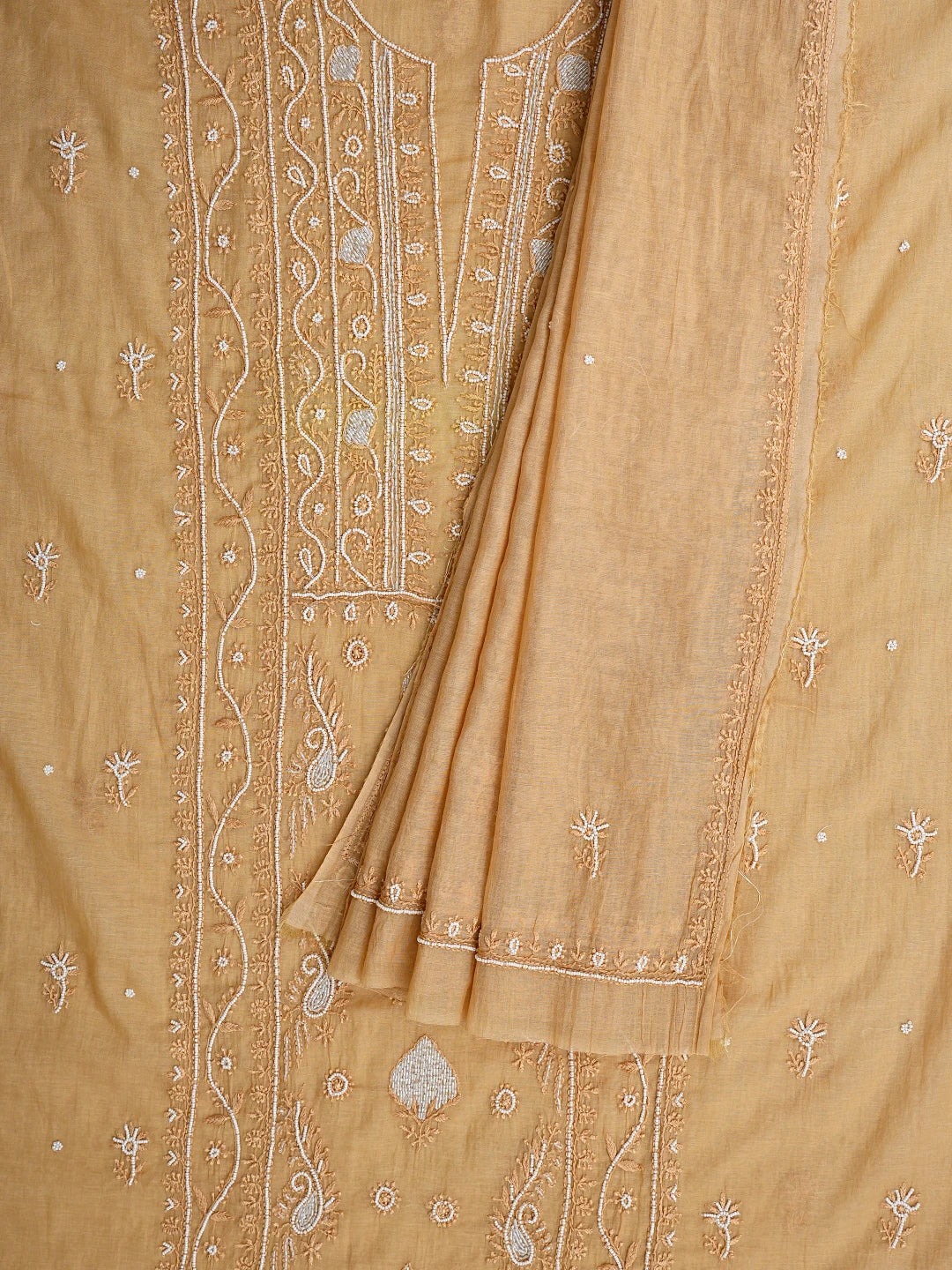 Ada Hand Embroidered Brown Chanderi Lucknowi Chikankari Unstitched Kurta Dupatta Set With Pearl Work 01A911495
