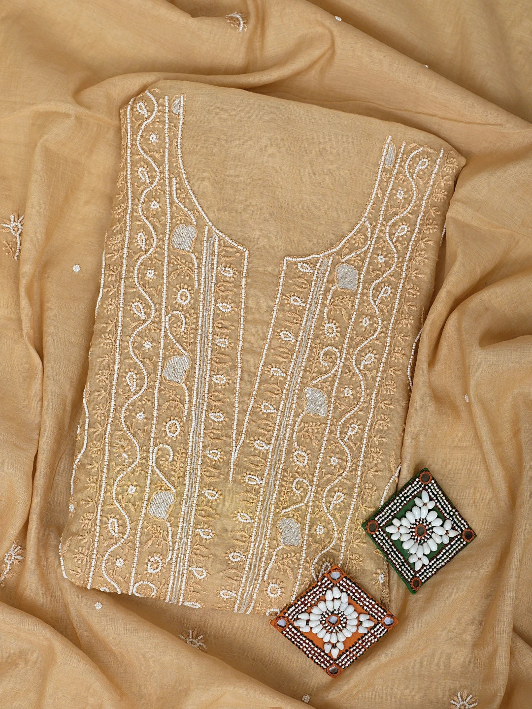 Ada Hand Embroidered Brown Chanderi Lucknowi Chikankari Unstitched Kurta Dupatta Set With Pearl Work 01A911495