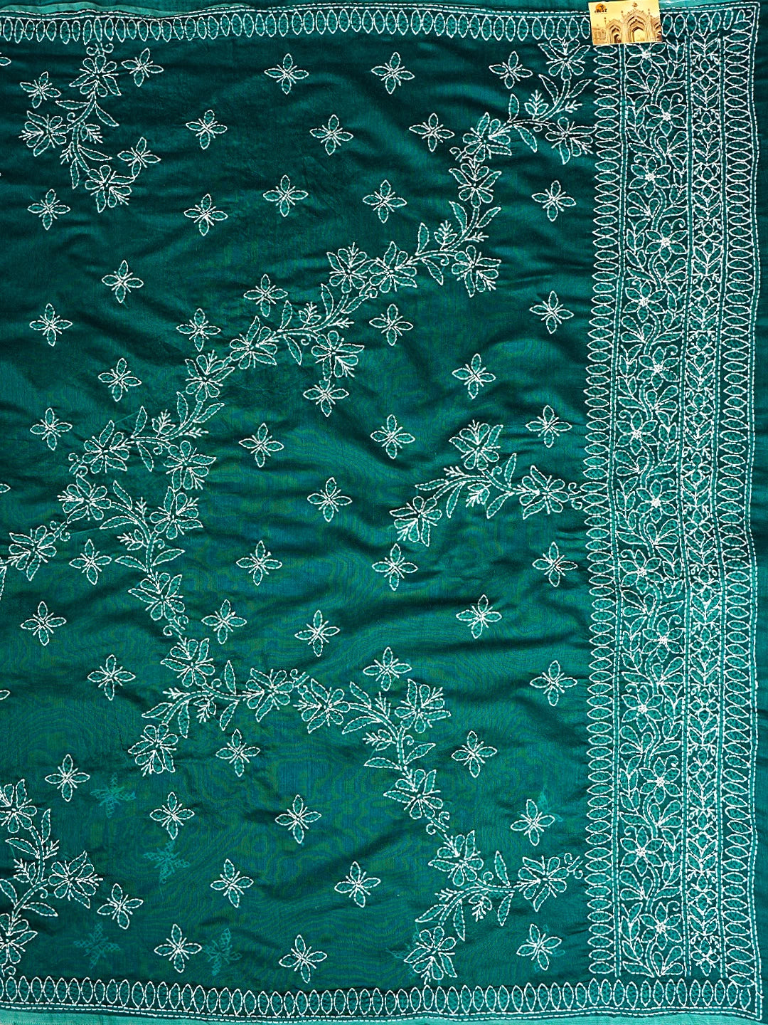 Ada Hand Embroidered Rama Green Chanderi Lucknowi Chikankari Saree and Blouse 01A922922