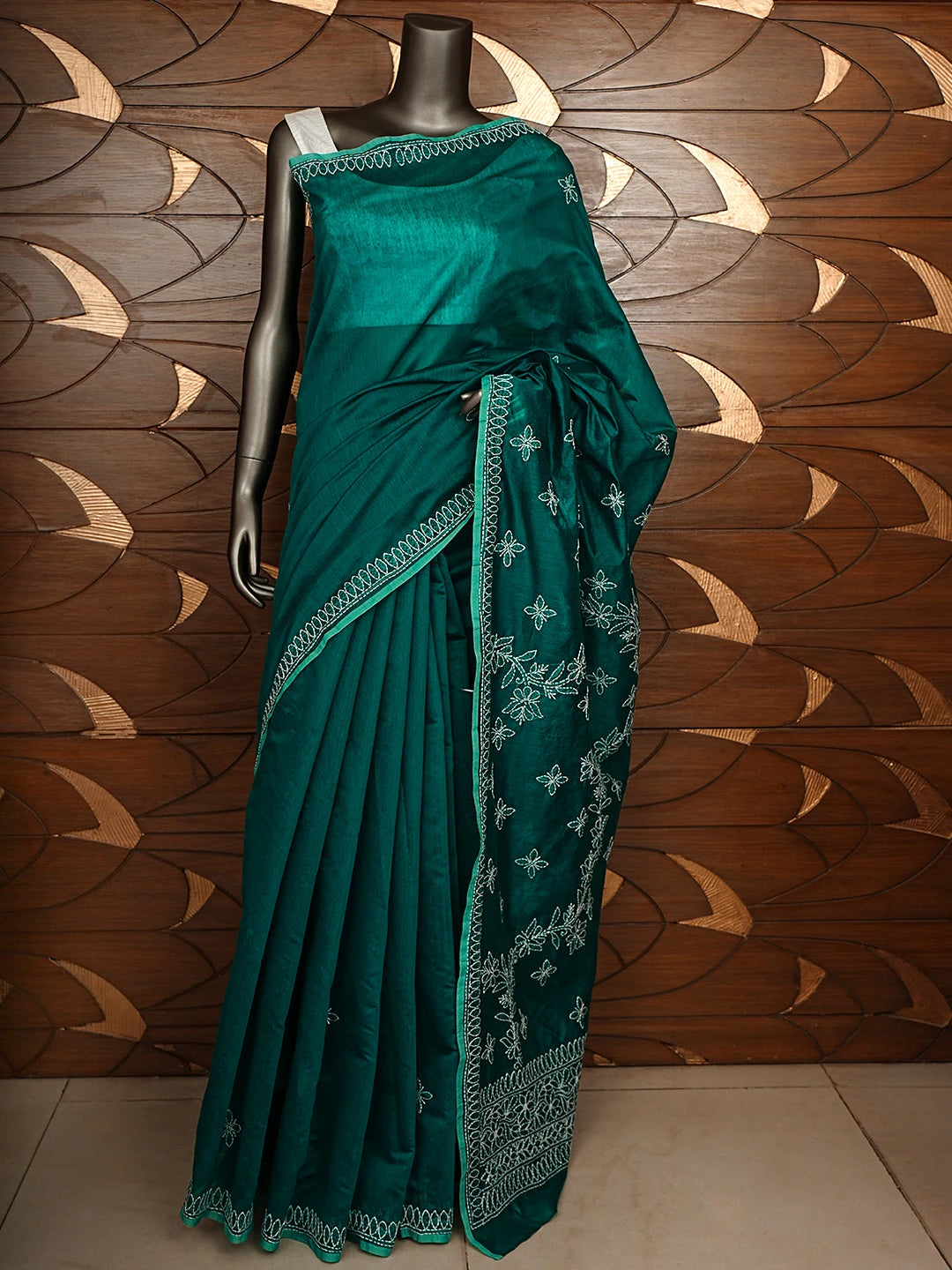 Ada Hand Embroidered Rama Green Chanderi Lucknowi Chikankari Saree and Blouse 01A922922