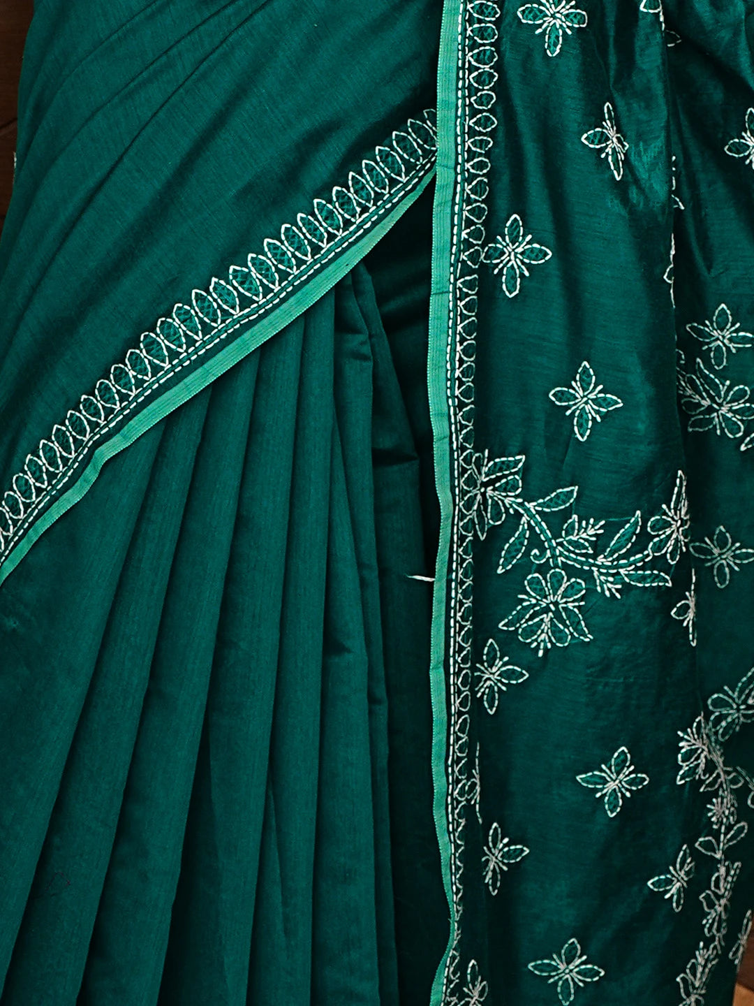 Ada Hand Embroidered Rama Green Chanderi Lucknowi Chikankari Saree and Blouse 01A922922