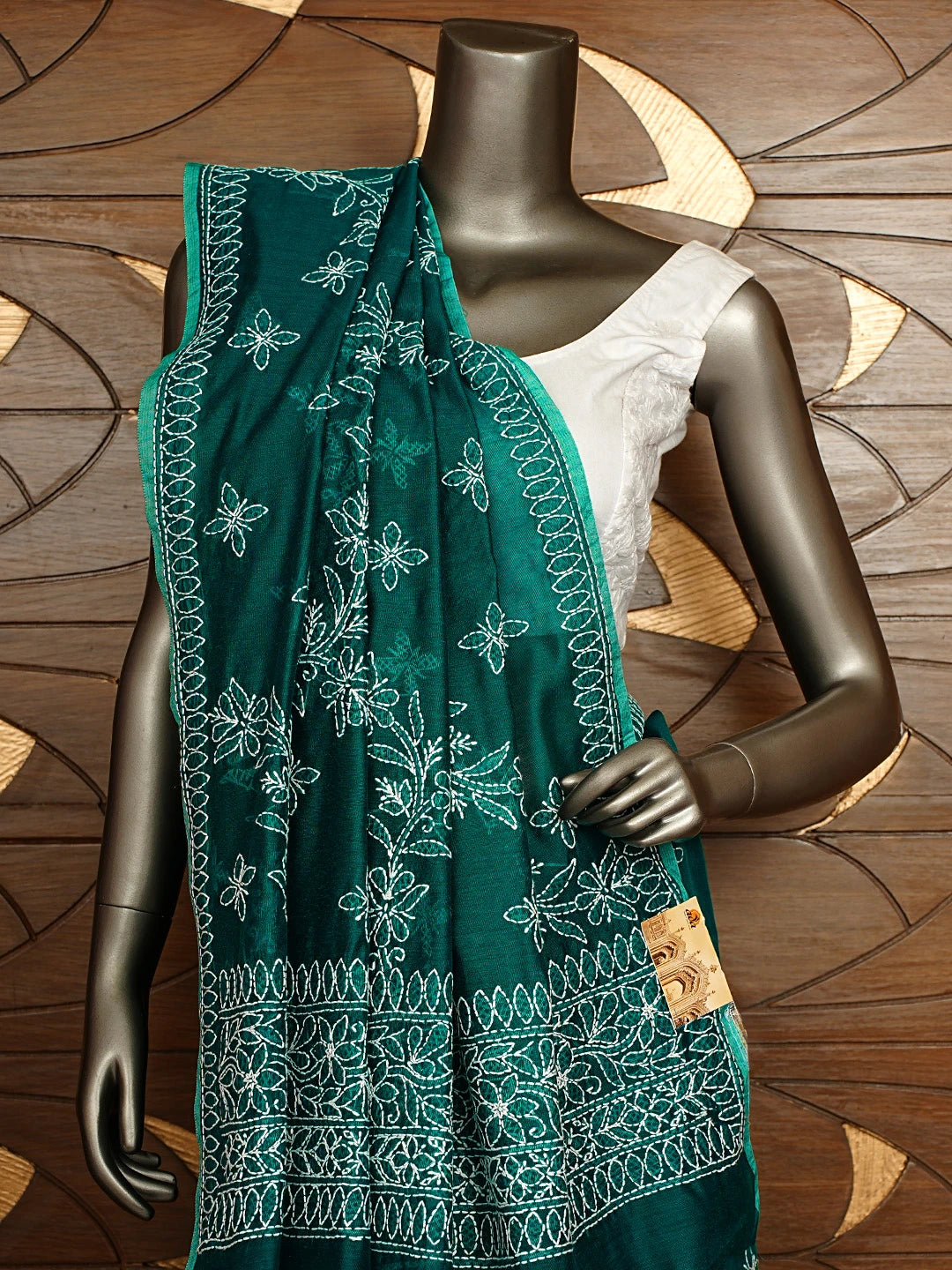 Ada Hand Embroidered Rama Green Chanderi Lucknowi Chikankari Saree and Blouse 01A922922