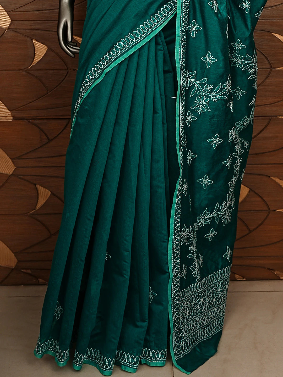 Ada Hand Embroidered Rama Green Chanderi Lucknowi Chikankari Saree and Blouse 01A922922