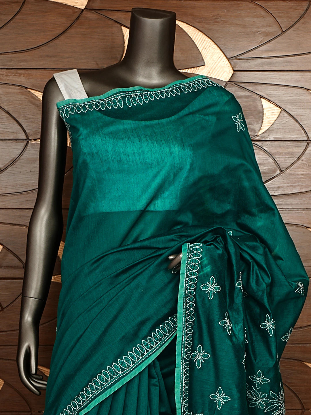 Ada Hand Embroidered Rama Green Chanderi Lucknowi Chikankari Saree and Blouse 01A922922