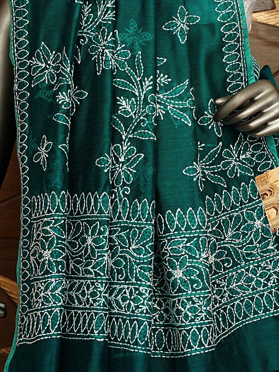 Ada Hand Embroidered Rama Green Chanderi Lucknowi Chikankari Saree and Blouse 01A922922