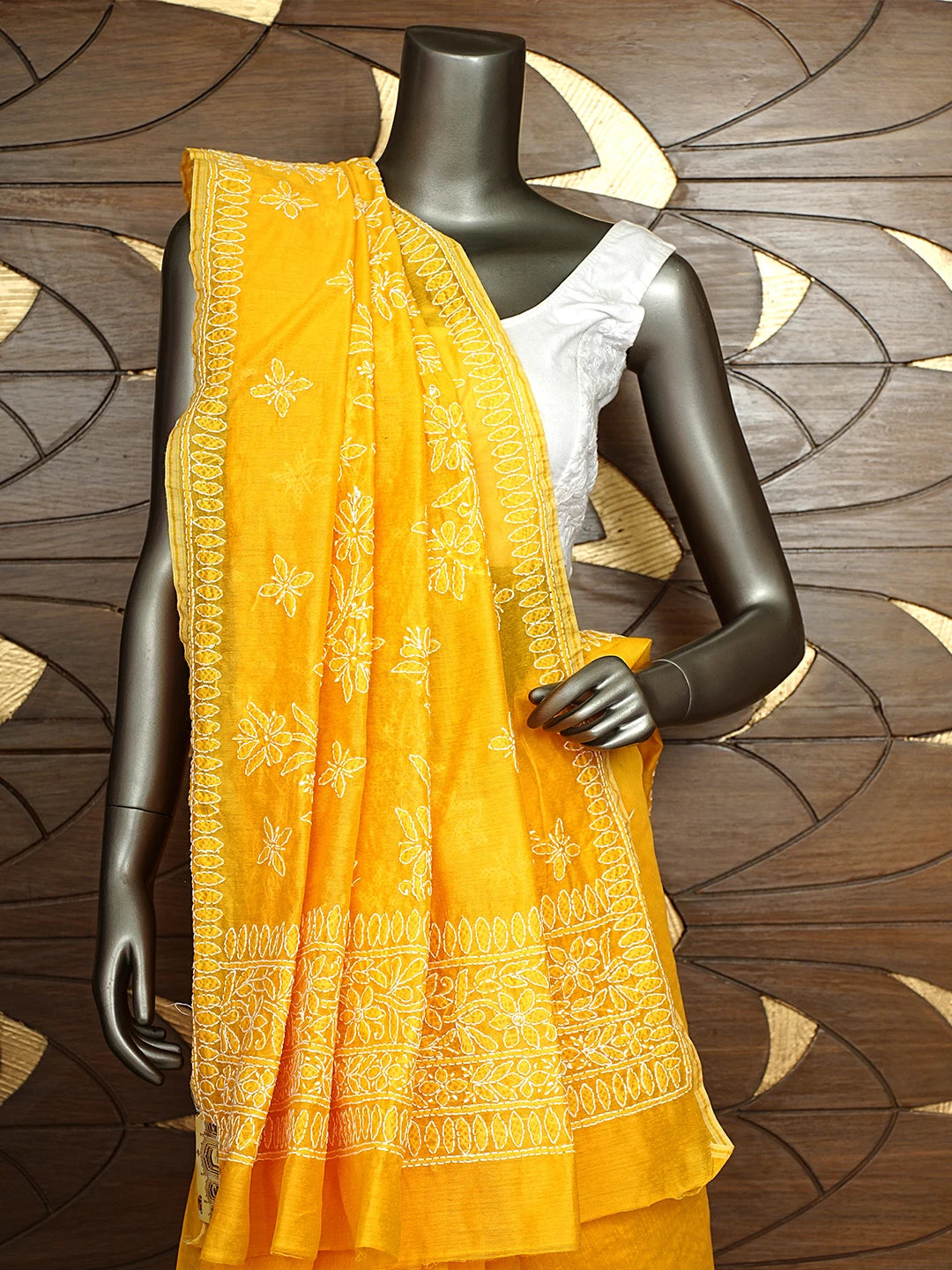 Ada Hand Embroidered Yellow Chanderi Lucknowi Chikankari Saree and Blouse 01A922901