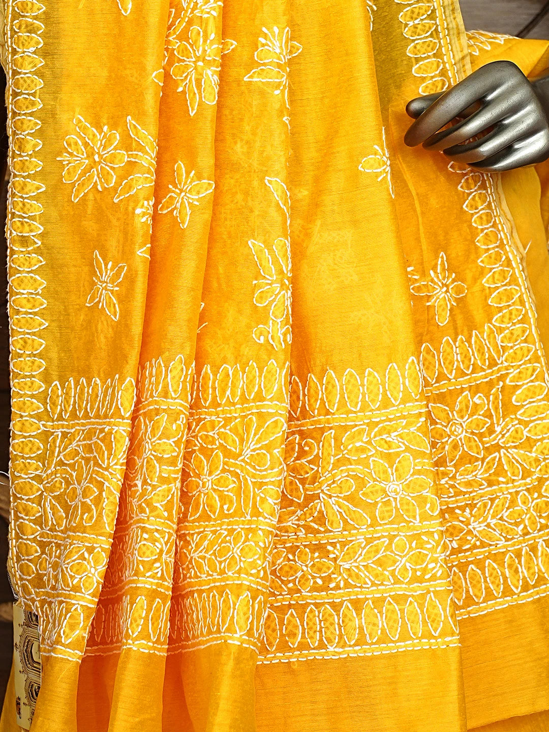 Ada Hand Embroidered Yellow Chanderi Lucknowi Chikankari Saree and Blouse 01A922901