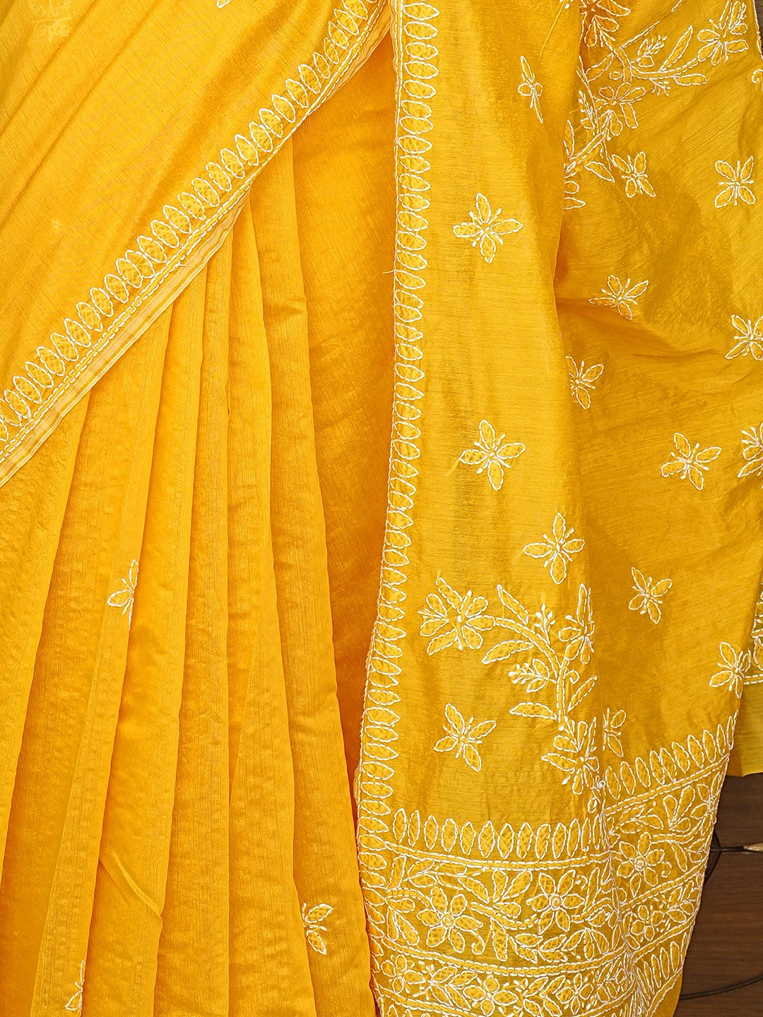 Ada Hand Embroidered Yellow Chanderi Lucknowi Chikankari Saree and Blouse 01A922901