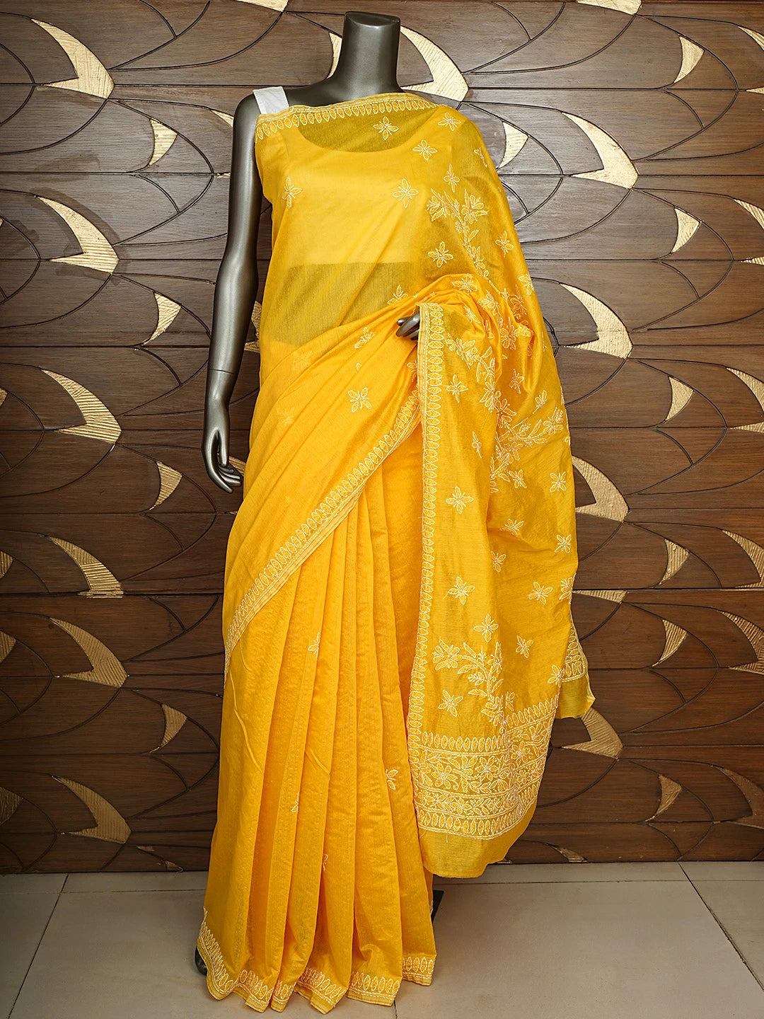 Ada Hand Embroidered Yellow Chanderi Lucknowi Chikankari Saree and Blouse 01A922901