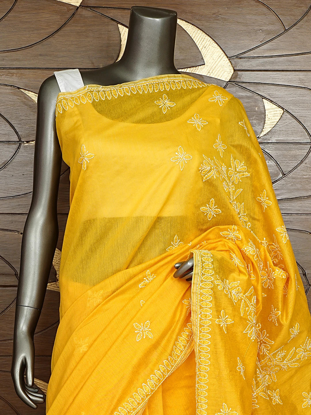 Ada Hand Embroidered Yellow Chanderi Lucknowi Chikankari Saree and Blouse 01A922901
