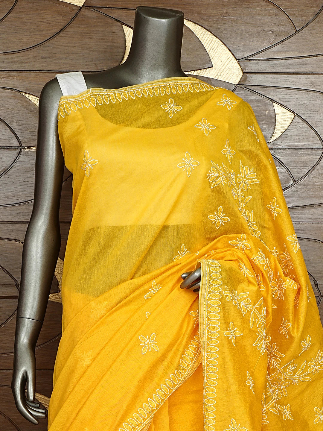 Ada Hand Embroidered Yellow Chanderi Lucknowi Chikankari Saree and Blouse 01A922901
