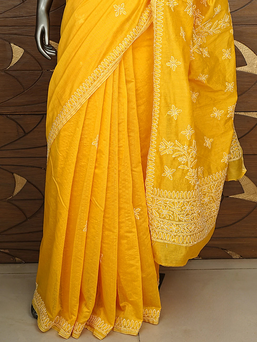 Ada Hand Embroidered Yellow Chanderi Lucknowi Chikankari Saree and Blouse 01A922901