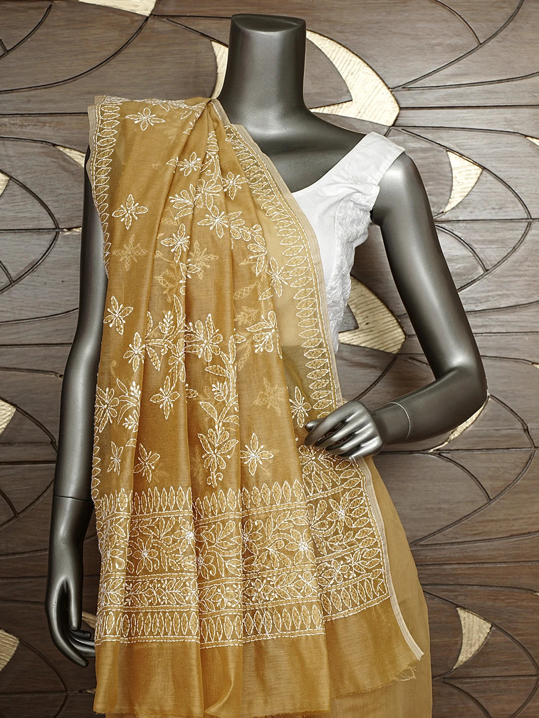 Ada Hand Embroidered Fawn Chanderi Lucknowi Chikankari Saree and Blouse 01A913408