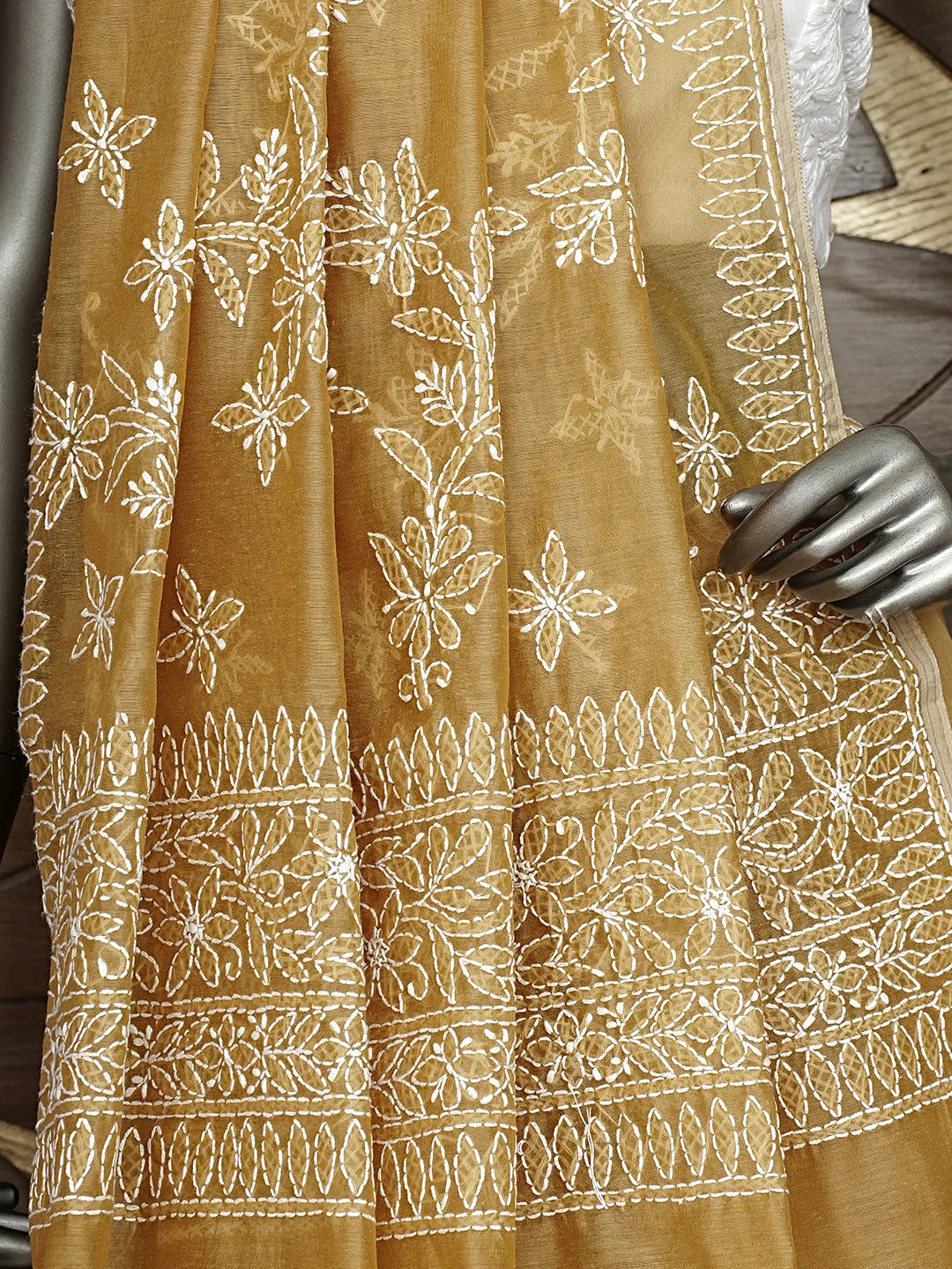 Ada Hand Embroidered Fawn Chanderi Lucknowi Chikankari Saree and Blouse 01A913408