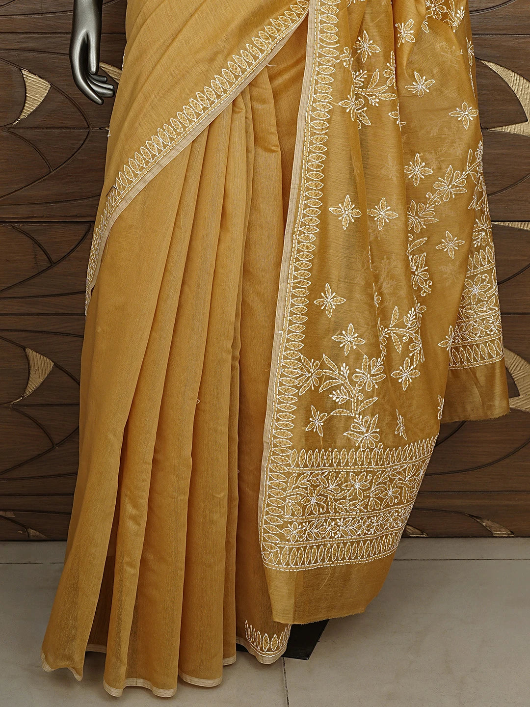 Ada Hand Embroidered Fawn Chanderi Lucknowi Chikankari Saree and Blouse 01A913408