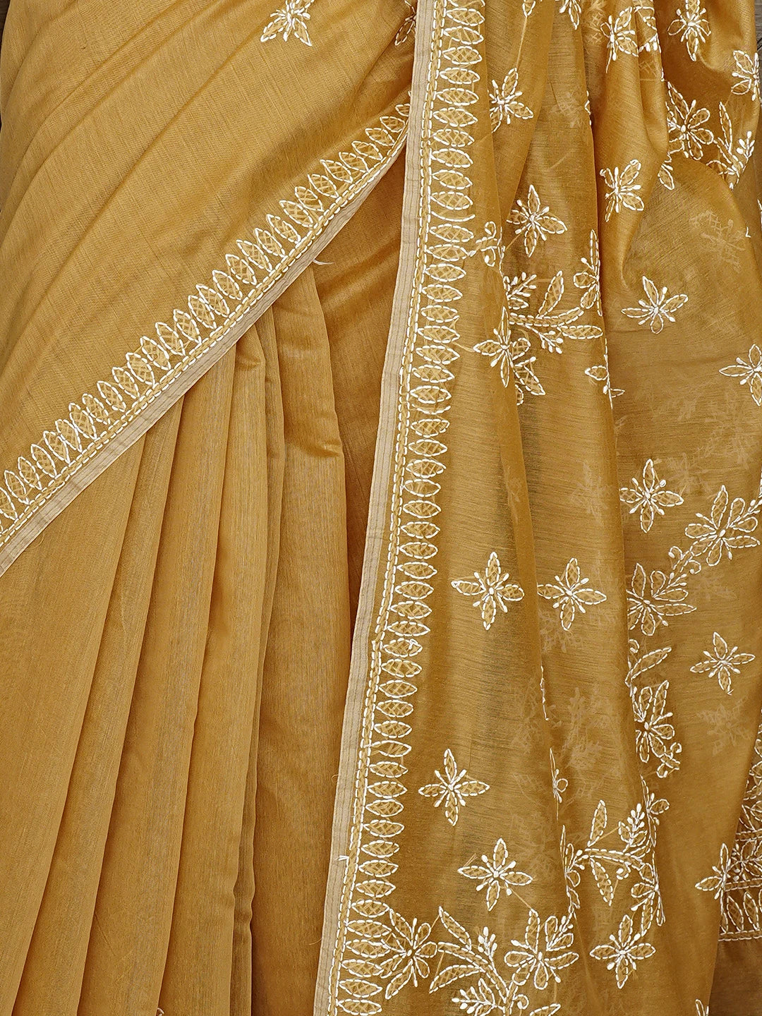Ada Hand Embroidered Fawn Chanderi Lucknowi Chikankari Saree and Blouse 01A913408