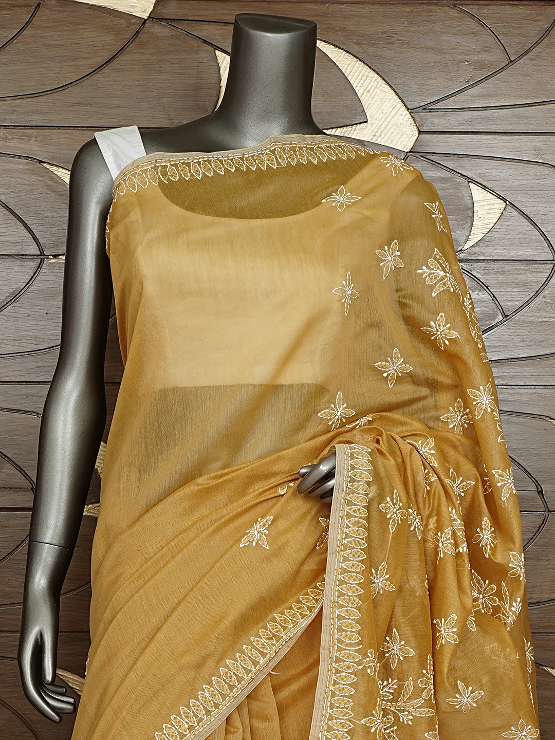 Ada Hand Embroidered Fawn Chanderi Lucknowi Chikankari Saree and Blouse 01A913408
