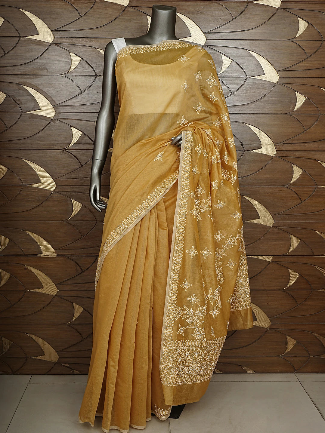 Ada Hand Embroidered Fawn Chanderi Lucknowi Chikankari Saree and Blouse 01A913408