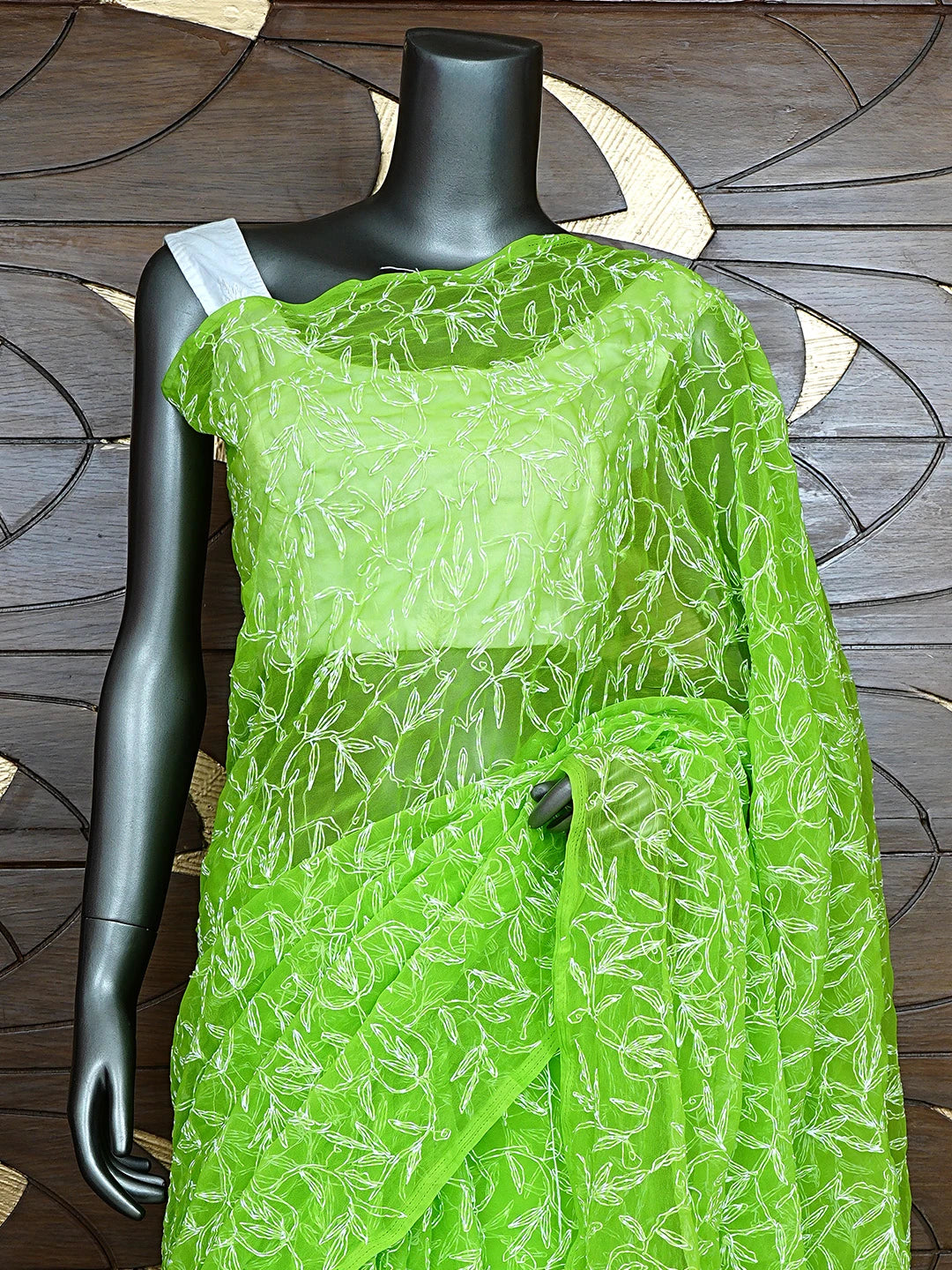 Ada Hand Embroidered Neon Grass  Green Georgette Lucknowi Chikankari Saree With Blouse 01A923229