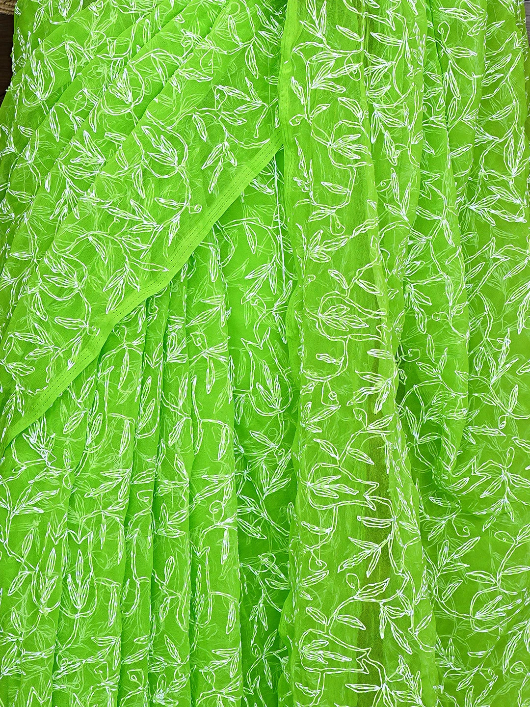 Ada Hand Embroidered Neon Grass  Green Georgette Lucknowi Chikankari Saree With Blouse 01A923229