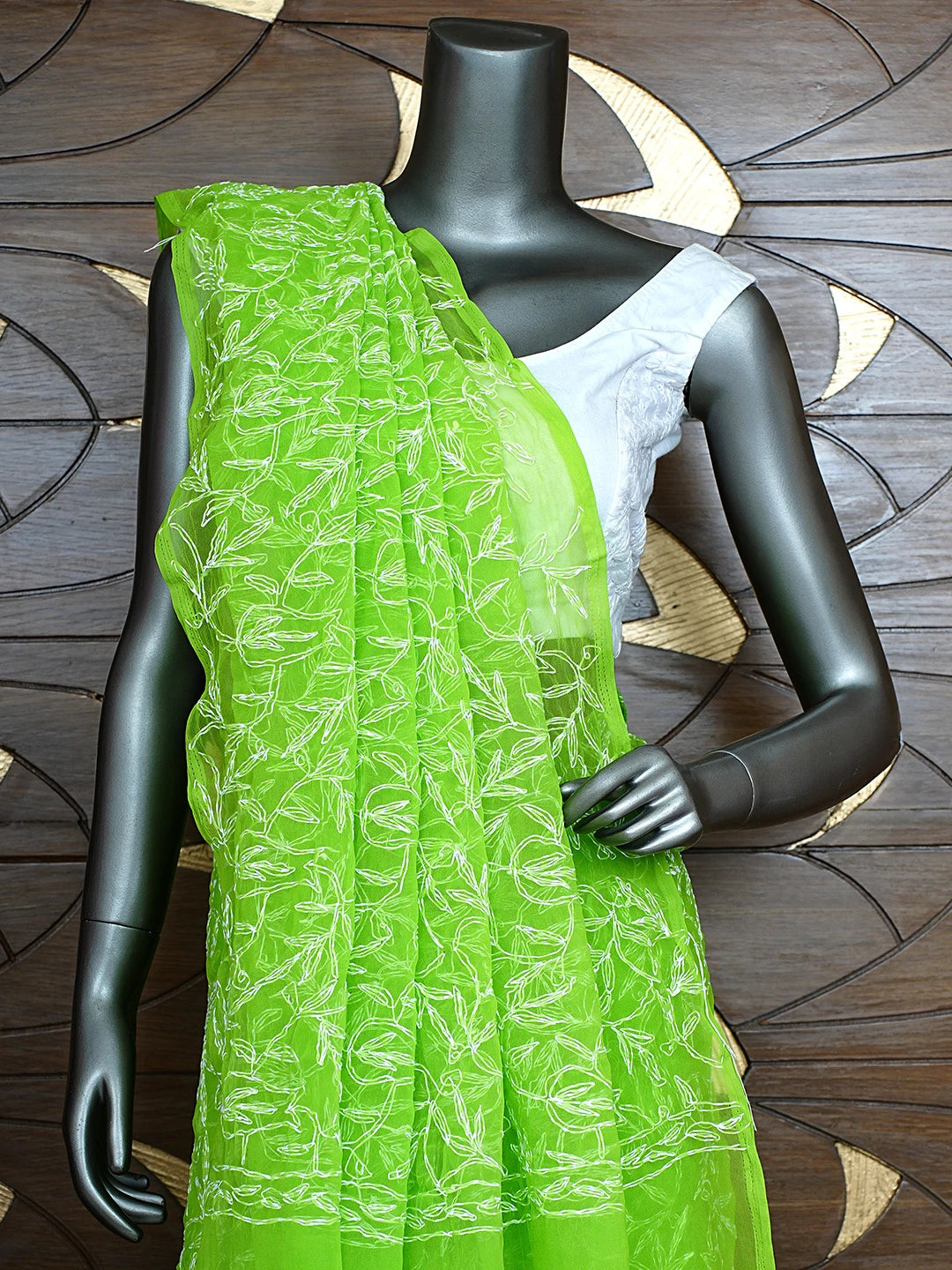 Ada Hand Embroidered Neon Grass  Green Georgette Lucknowi Chikankari Saree With Blouse 01A923229