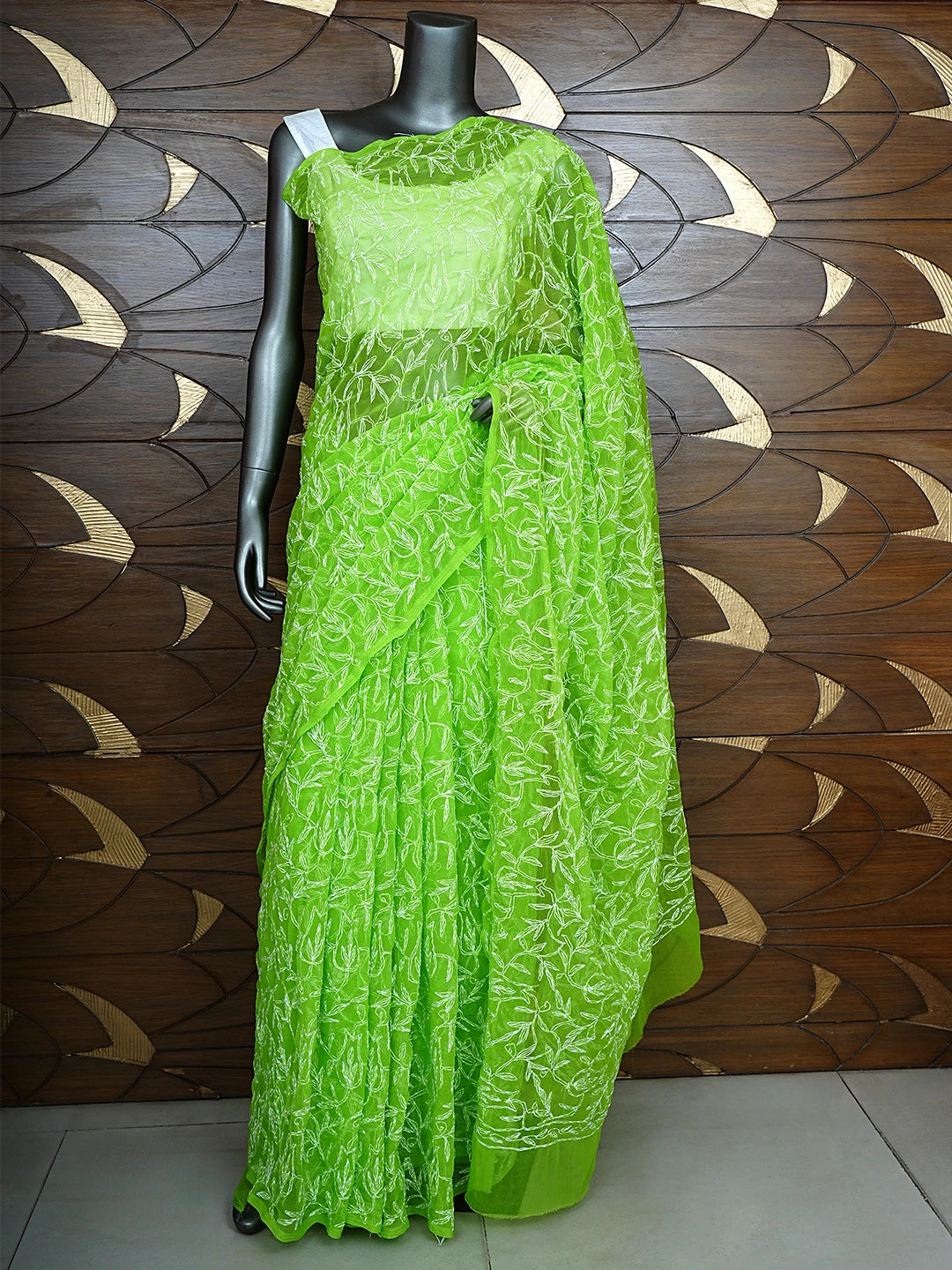 Ada Hand Embroidered Neon Grass  Green Georgette Lucknowi Chikankari Saree With Blouse 01A923229
