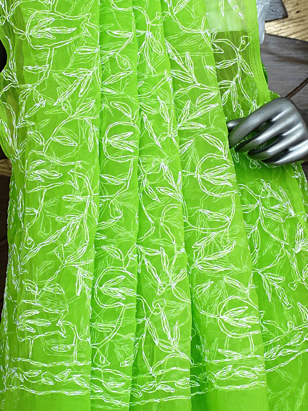 Ada Hand Embroidered Neon Grass  Green Georgette Lucknowi Chikankari Saree With Blouse 01A923229