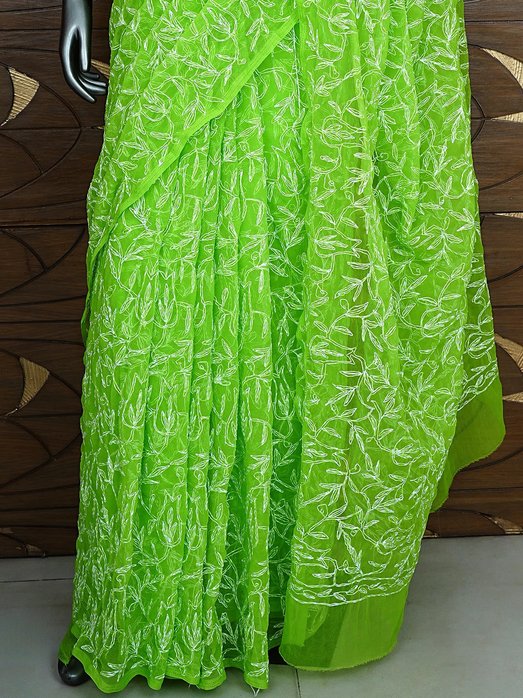 Ada Hand Embroidered Neon Grass  Green Georgette Lucknowi Chikankari Saree With Blouse 01A923229