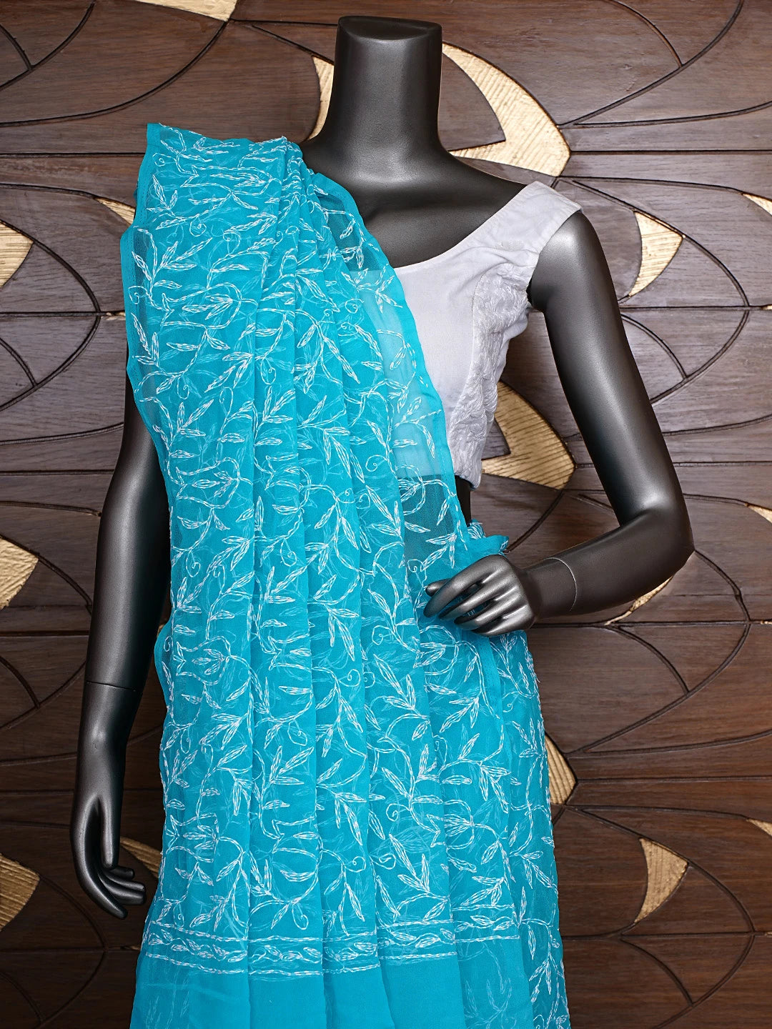 Ada Hand Embroidered Pacific Cyan Blue  Georgette Lucknowi Chikankari Saree With Blouse 01A923236