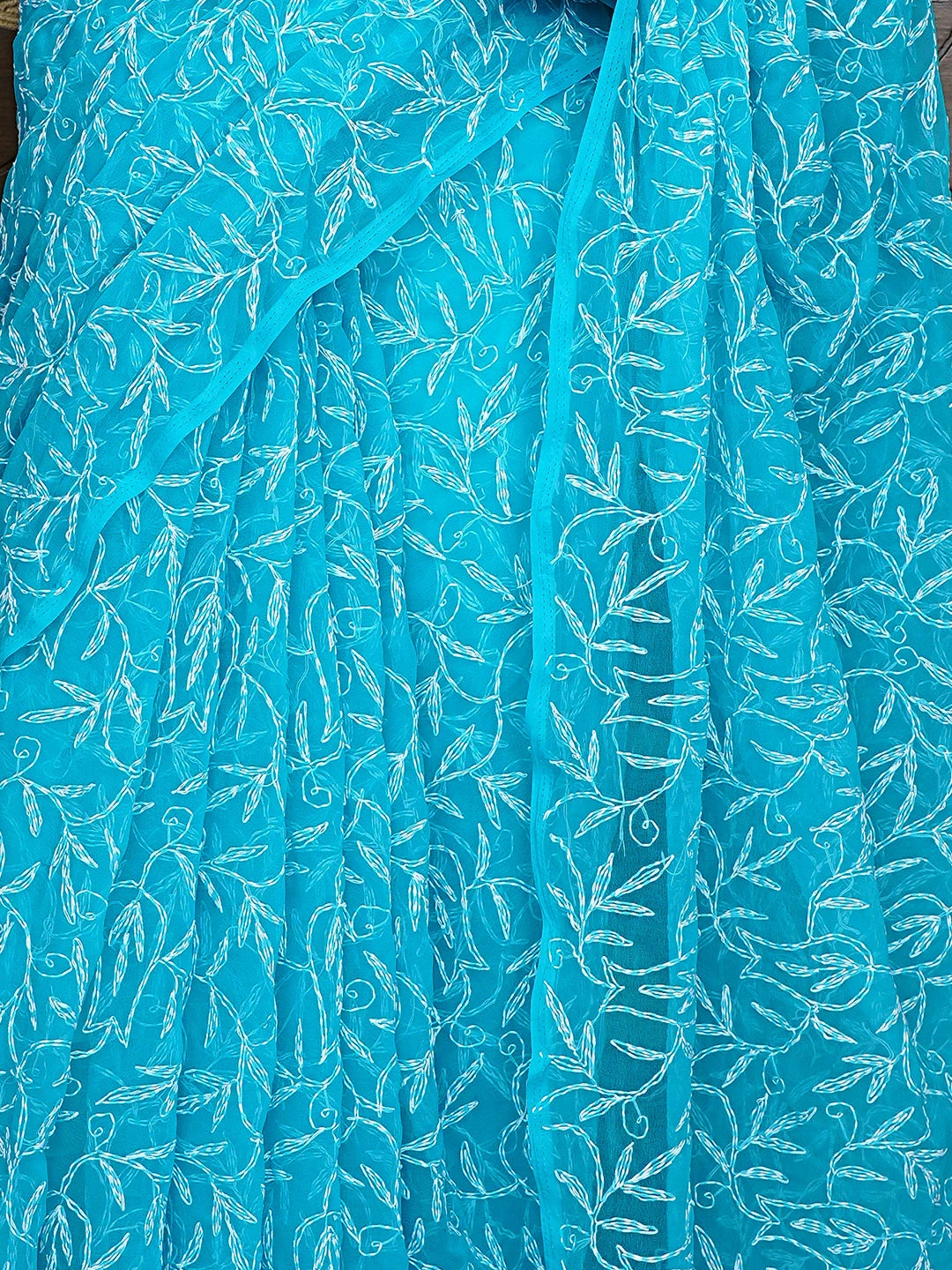 Ada Hand Embroidered Pacific Cyan Blue  Georgette Lucknowi Chikankari Saree With Blouse 01A923236