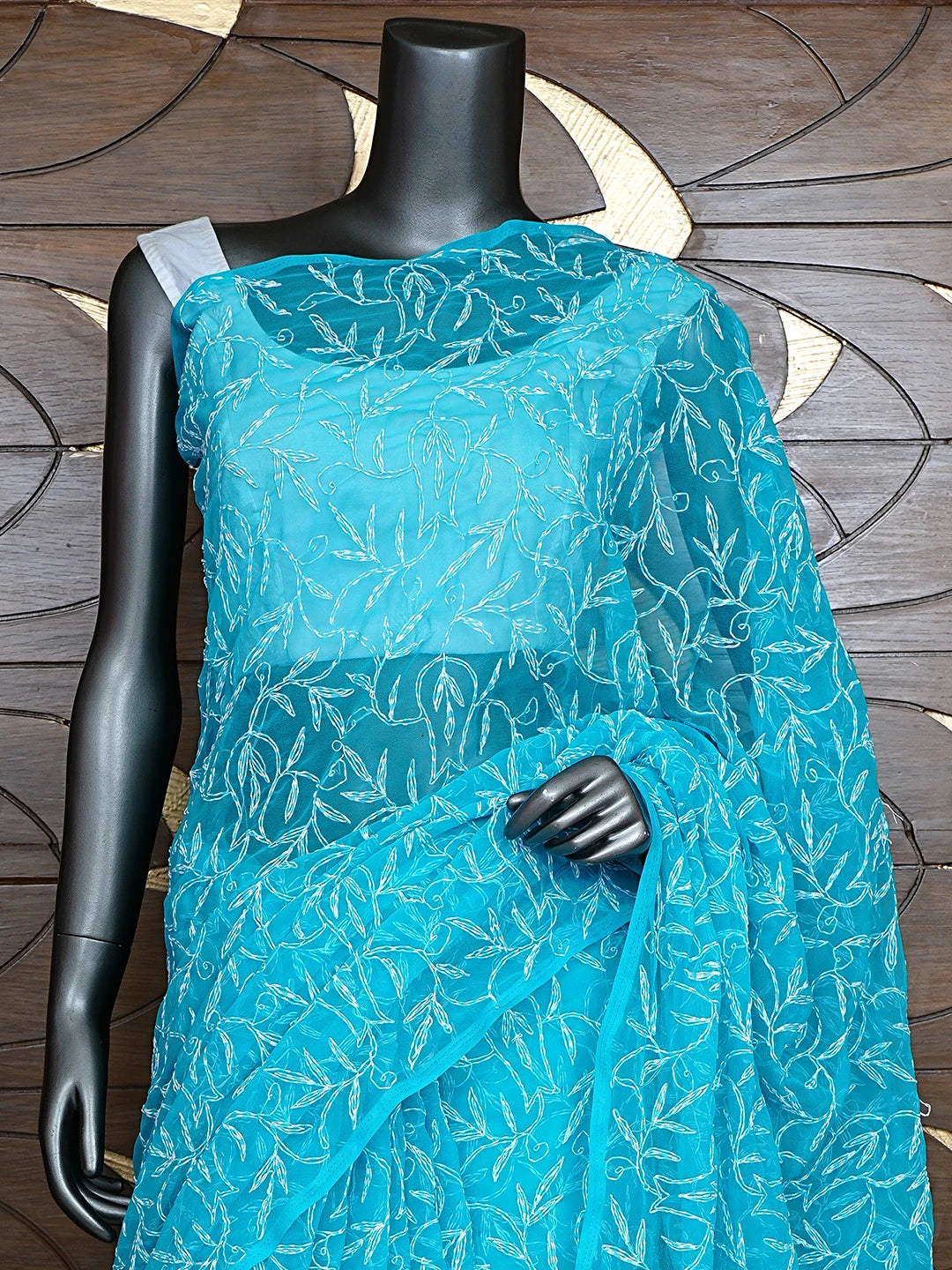 Ada Hand Embroidered Pacific Cyan Blue  Georgette Lucknowi Chikankari Saree With Blouse 01A923236