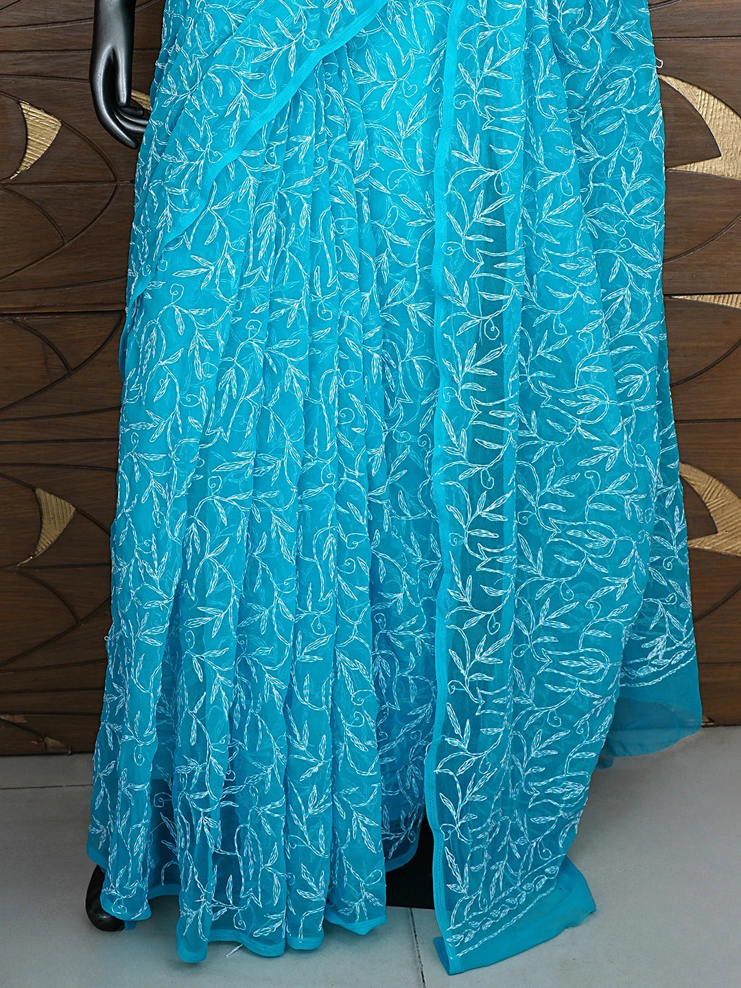 Ada Hand Embroidered Pacific Cyan Blue  Georgette Lucknowi Chikankari Saree With Blouse 01A923236