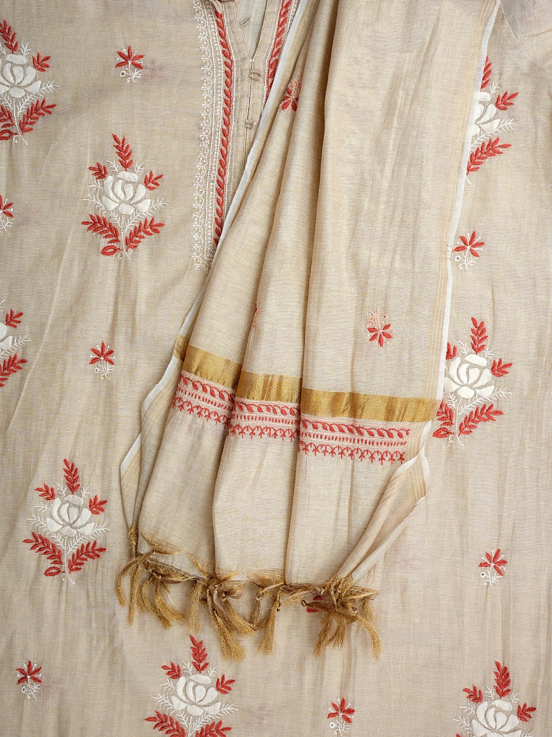 Ada Hand Embroidered Fawn Tissue Lucknowi Chikankari Semi-Stitched Kurta Dupatta Set 01A901100