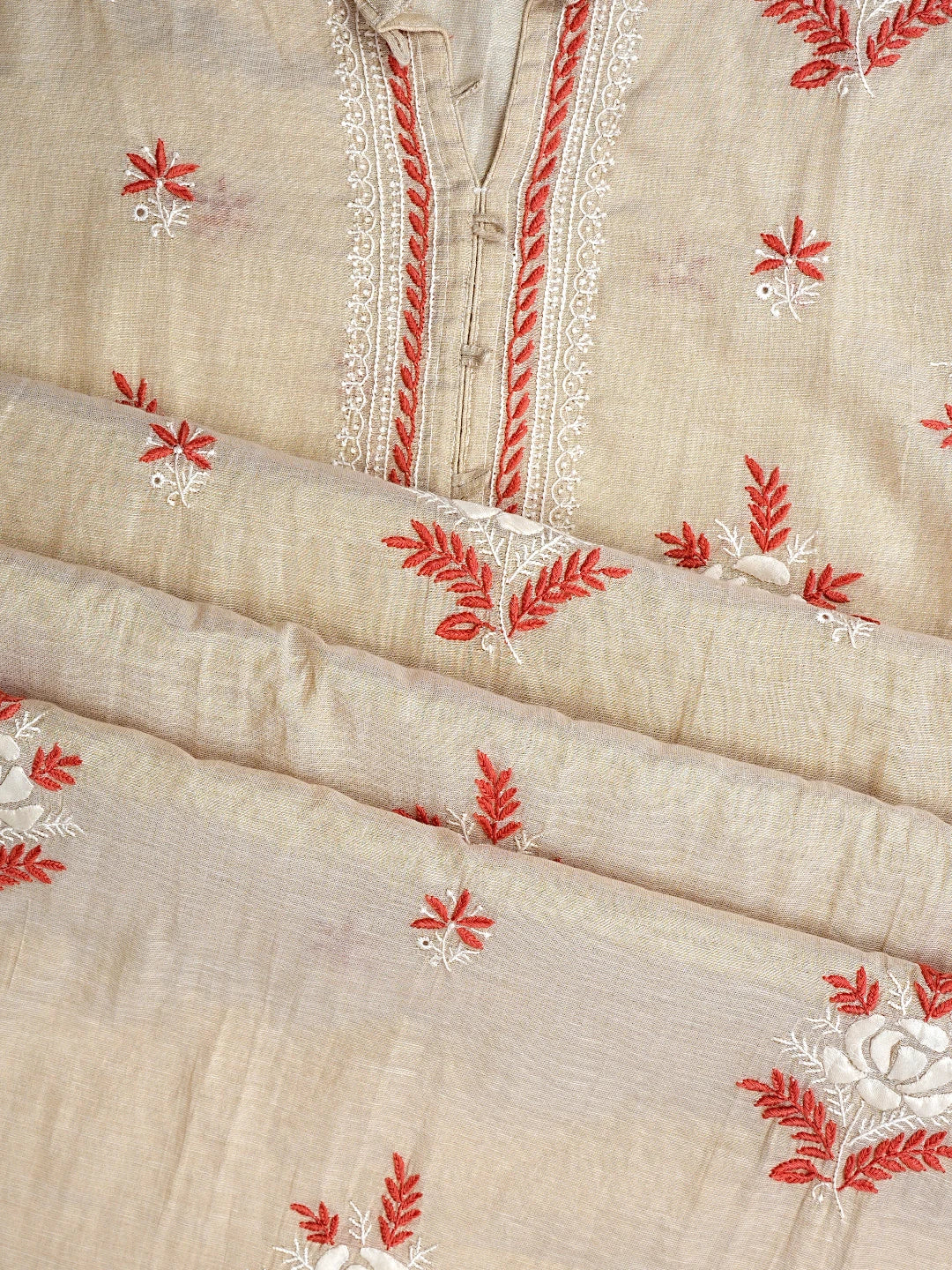 Ada Hand Embroidered Fawn Tissue Lucknowi Chikankari Semi-Stitched Kurta Dupatta Set 01A901100