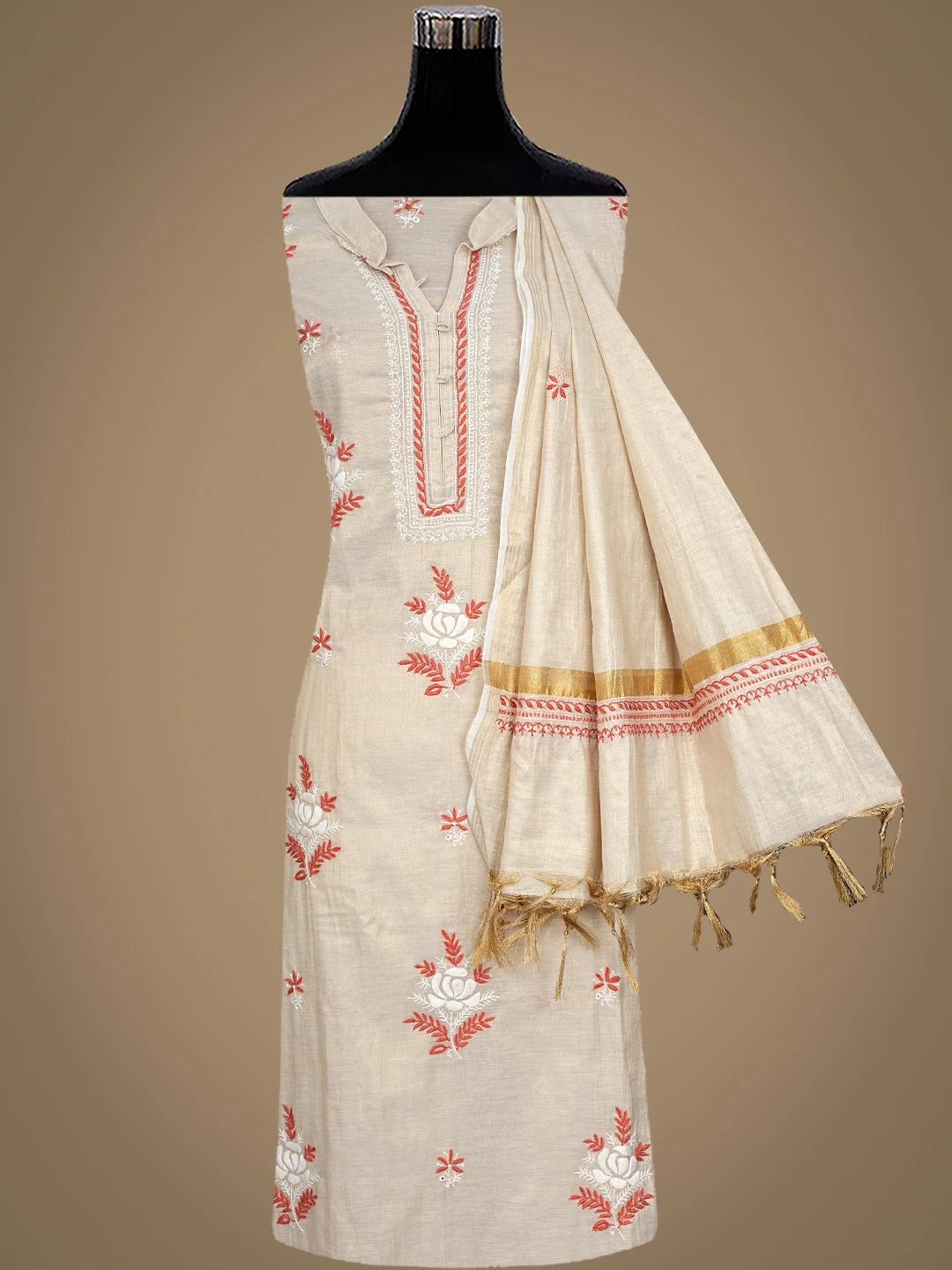 Ada Hand Embroidered Fawn Tissue Lucknowi Chikankari Semi-Stitched Kurta Dupatta Set 01A901100