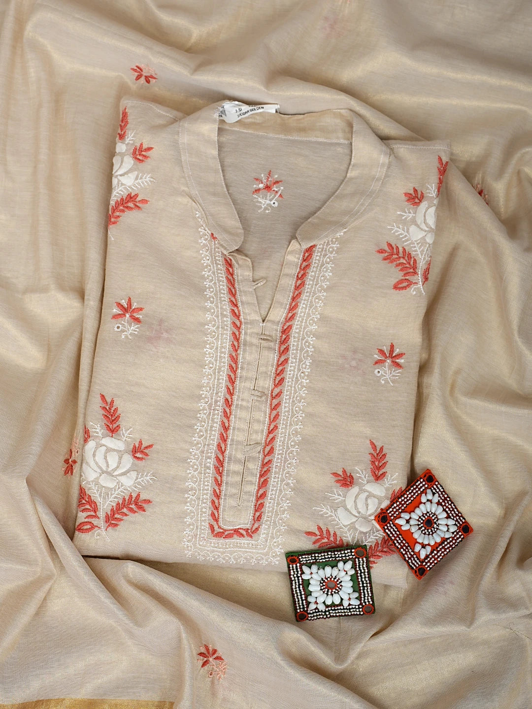 Ada Hand Embroidered Fawn Tissue Lucknowi Chikankari Semi-Stitched Kurta Dupatta Set 01A901100