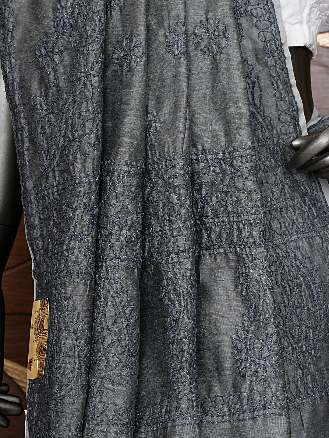 Ada Hand Embroidered Aluminium Grey Chanderi Lucknowi Chikankari Saree and Blouse 01A922910